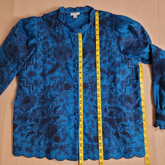 Sundance Rosetti Lace Teal Embroidered Womens L Button Up Top Victorian Romantic - Picture 5 of 13